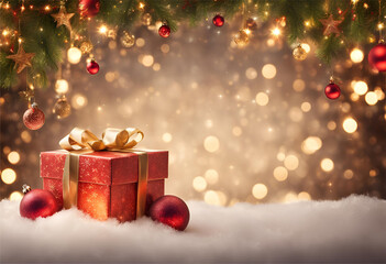 Presente de Natal com la&ccedil;os dourados em um fundo infinito iluminado.