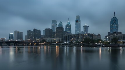 Naklejka premium Beautiful philadelphia downtown skyline at sunset