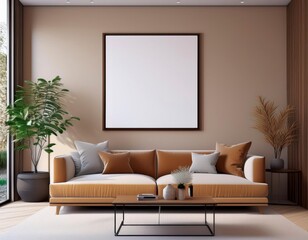 Mock up poster empty frame with modern loft interior background. Generated image