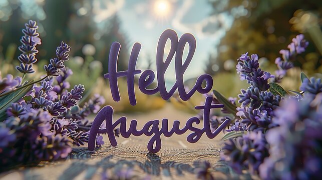 "Hello August" in Elegant Purple Script Surrounded by Lavender on a Sunlit Green Backdrop