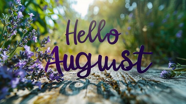 "Hello August" in Elegant Purple Script Surrounded by Lavender on a Sunlit Green Backdrop