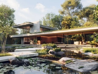 Obraz premium A serene house setting with a pond in front, ideal for peaceful scenes or rural life themes