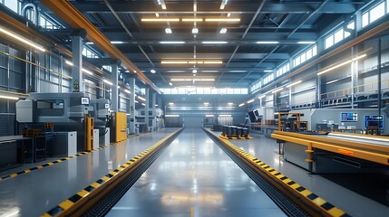 Obraz premium factory warehouse with conveyor belt and industrial equipment