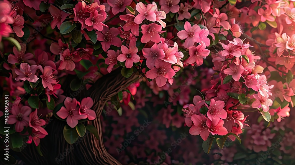 Poster a tree with pink flowers is the main focus of the image. the flowers are in full bloom, creating a v