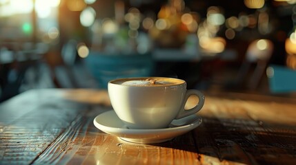 A cup of coffee sits on top of a wooden table, ready to be enjoyed
