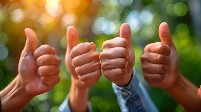 Hands, teamwork or thumbs up of business people outside in agreement for success growth in park.