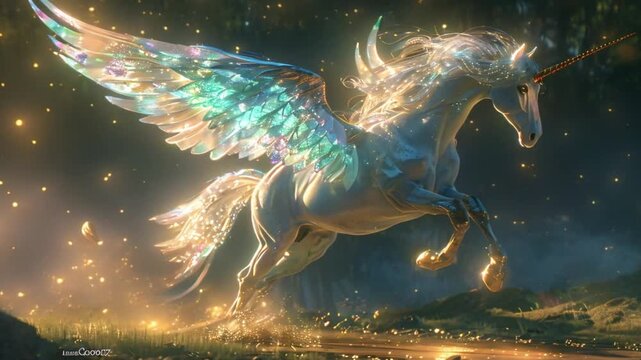 a fantasy unicorn horse with large, beautiful wings that have feather patterns in various shades of blue, green, and white footage