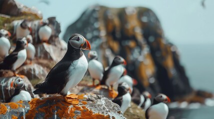 Fototapeta premium Close up of Atlantic puffin in flight