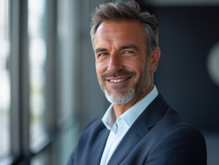 A happy businessman smiling in a suit and white shirt, perfect for office or corporate use