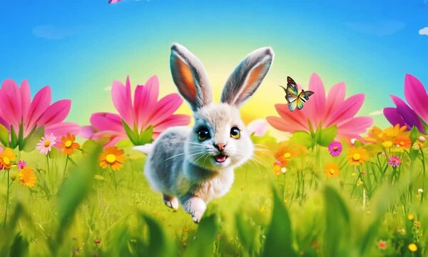 Aster bunny rabbit with sunglasses, hopping through a vibrant, flower-filled meadow under a bright blue sky, with butterflies fluttering around and a rainbow in the background