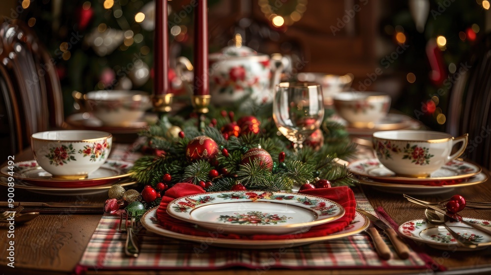 Poster a table with a christmas tree in the background and a red and white tablecloth. the table is set wit