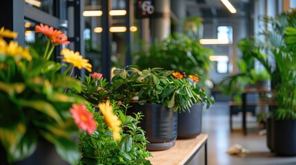 Fototapeta premium A communal workspace with indoor planters filled with green plants and colorful flowers, fostering a creative environment.