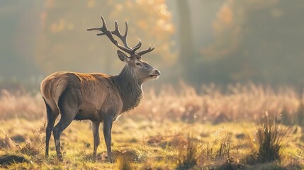 Fototapeta premium Deer on a forest path during sunrise in early autumn.