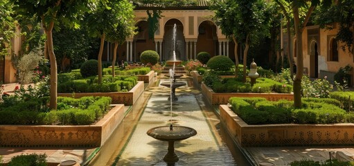Obraz premium Fountain pool in the middle of the yard of a luxurious Middle Eastern style house