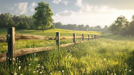 Fototapeta premium A grass field with a wooden fence running through it, creating a rustic and charming scene.