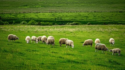 Obraz premium A herd of sheep grazing peacefully in a large grass field, adding life to the landscape.