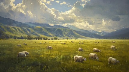 Obraz premium A herd of sheep grazing peacefully in a large grass field, adding life to the landscape.