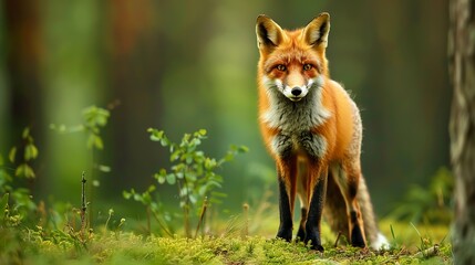Obraz premium Close up wild fox on mossy rock. Natural forest habitat with beast of prey.
