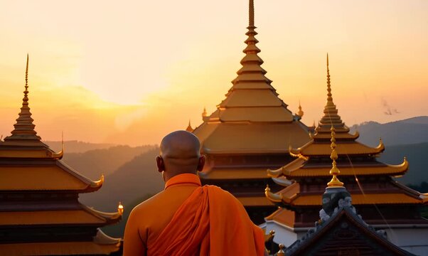 Buddhist monk in the temple at sunset,Thailand.