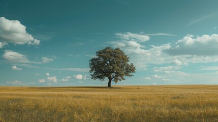 Fototapeta premium A lone tree in an open field, representing resilience and growth.