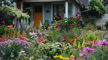 A lush flower garden with a variety of blooming plants, creating a vibrant and inviting front yard for a picturesque house.