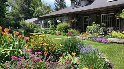 Obraz premium A lush flower garden with a variety of blooming plants, creating a vibrant and inviting front yard for a picturesque house.