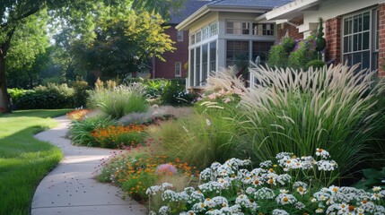A lush front yard filled with blooming flowers and ornamental grasses, creating a vibrant and welcoming scene for a family home.