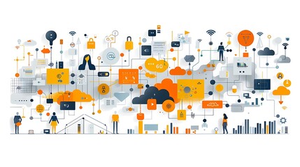 Abstract illustration of a network system with clouds and people, representing technology and connection.