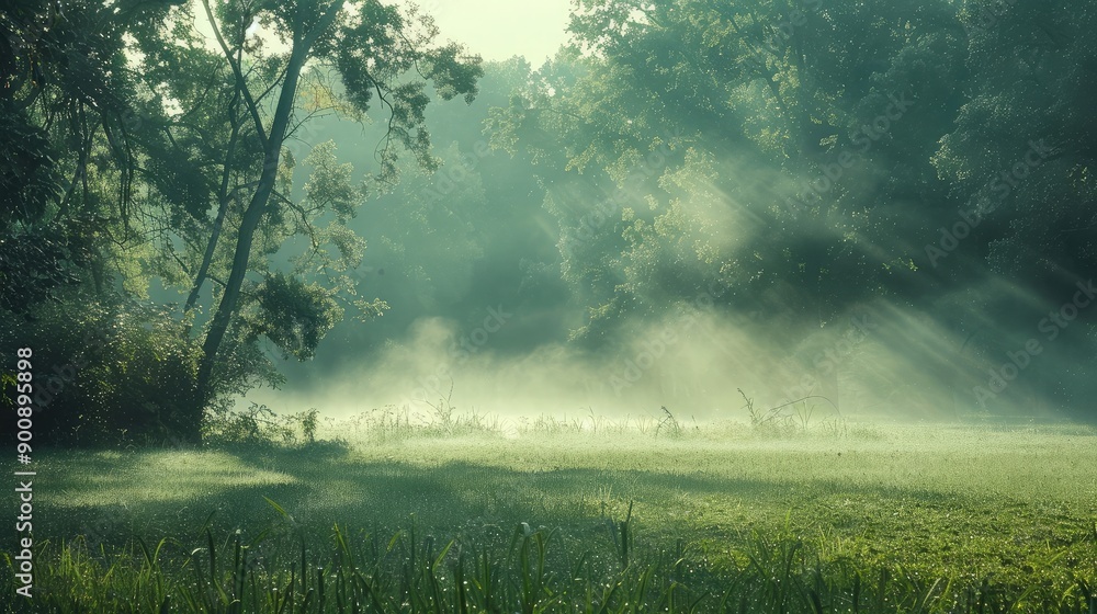 Sticker A morning mist settling over a green grass field, creating a mystical and serene scene.