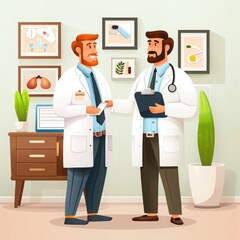 Obraz premium Two doctors discussing patient files in a modern clinic, showcasing collaboration and professionalism in healthcare.
