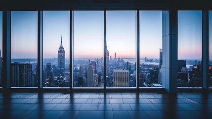 Fototapeta premium A modern cityscape viewed from a high-rise apartment window, with sleek, minimalistic window frames.