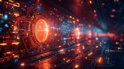 Obraz premium Futuristic digital tunnel with glowing lights and a glowing orb.