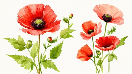 Obraz premium Watercolor Illustration of Red and Pink Poppies with Green Foliage - Beautiful Floral Art for Home Decor and Greeting Cards