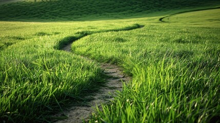 A path winding through a green grass field, leading the view eye to the horizon.