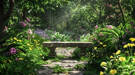 Fototapeta premium A peaceful garden scene with a stone bench surrounded by blooming flowers and lush greenery, perfect for relaxation.