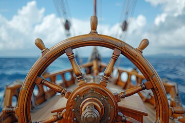 A close up of a wooden steering wheel on a ship. The wheel is large and has a lot of detail, including the spokes and the center. The image has a vintage feel to it