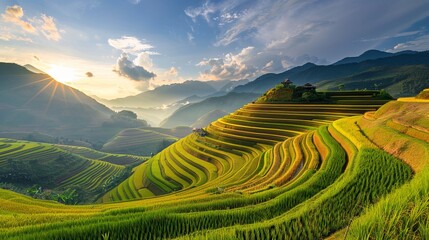 Fototapeta premium Rice field. Close up yellow rice seed ripe and green leaves on nature background. Beautiful golden rice field and ear of rice.