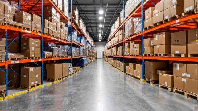Modern Warehouse Interior with Stacked Boxes on Metal Shelves, Industrial Storage Facility