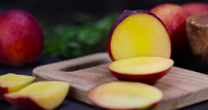 ripe red orange nectarine on the table, ripe and sweet nectarine fruit on the table