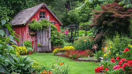 Fototapeta premium A rustic garden shed surrounded by colorful flower beds and lush greenery, creating a charming and inviting scene.
