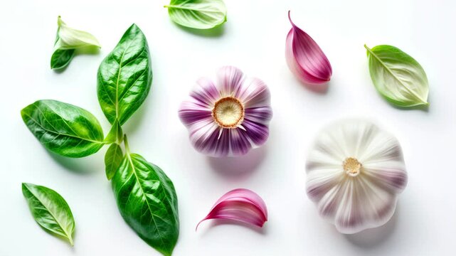 Garlic and Basil on White Background. Cooking, Culinary, Herbs, Spices, Ingredients, Food, Italian Cuisine Concept.  Culinary Herbs and Spices