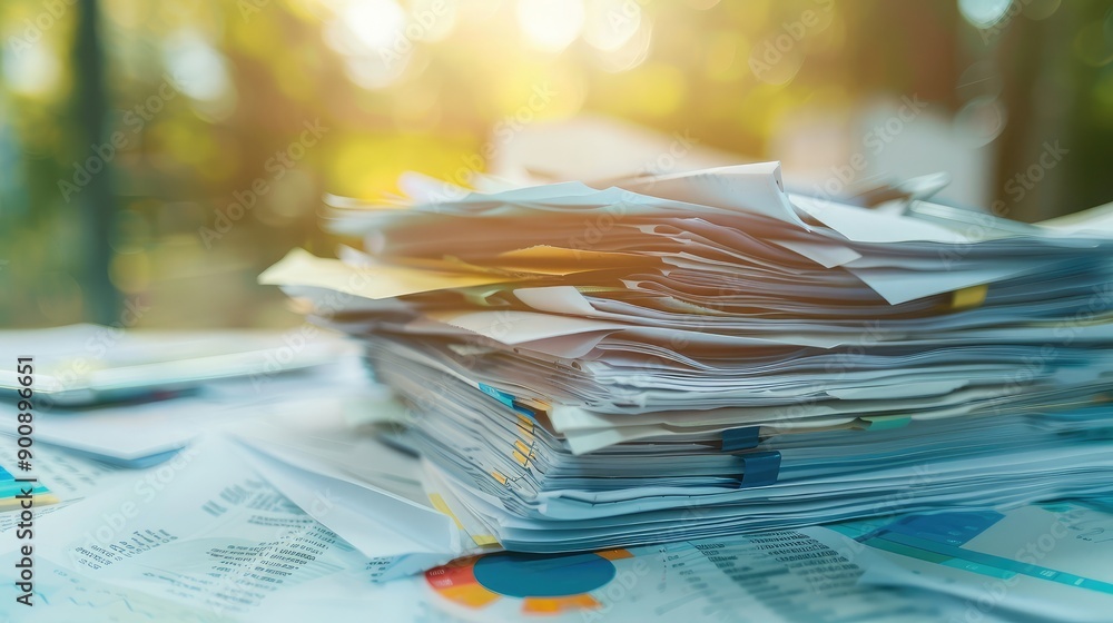 Poster a stack of financial reports with charts and graphs, illustrating financial analysis and planning.