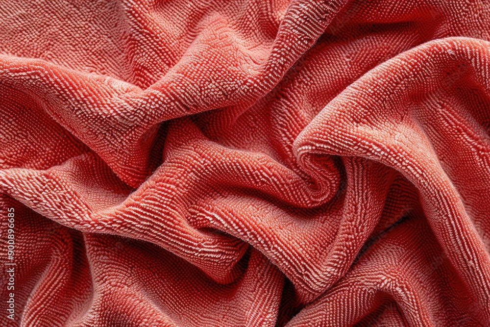 Poster a red towel with a pattern of lines and swirls. the towel is made of a fuzzy material and has a soft
