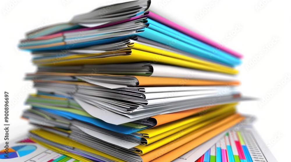 Poster a stack of financial reports with charts and graphs, illustrating financial analysis and planning.