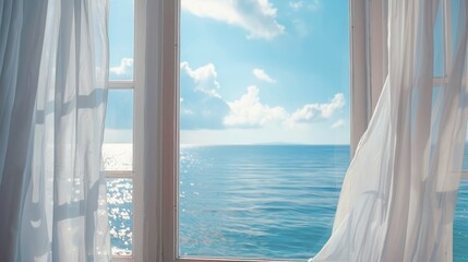 A serene seaside view through a window, with white curtains gently swaying in the ocean breeze.