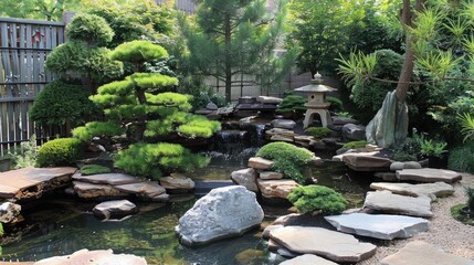 A tranquil Japanese garden with a mix of bonsai trees, rocks, and a small pond, creating a peaceful and serene atmosphere.