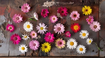 Obraz premium A variety of blooming daisies arranged in a circular pattern on a rustic wooden floor, creating a cheerful display.