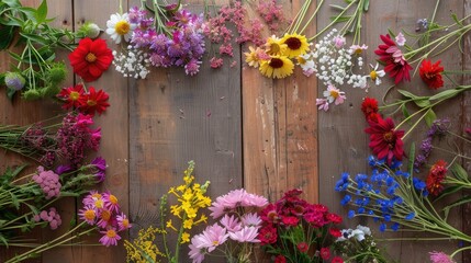 Fototapeta premium A variety of wildflowers arranged in a circular pattern on a polished wooden floor, capturing nature beauty.