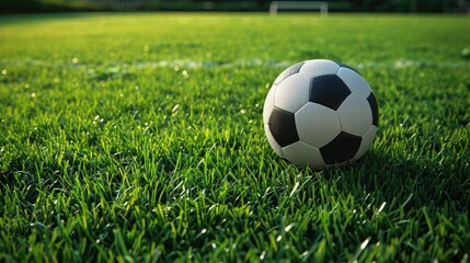 A soccer ball is sitting on a green field. The field is well-maintained and the grass is lush and green