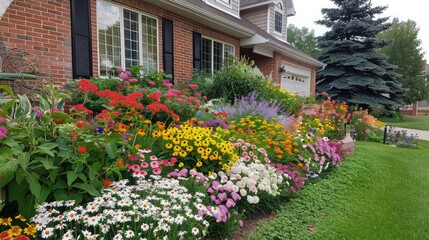 A vibrant display of seasonal flowers in full bloom, enhancing the curb appeal of a charming suburban home.